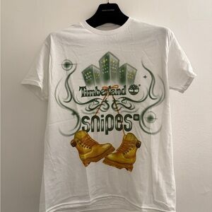 Timberland x Snipes White T-Shirt Collab Boots Spray Painted on Tee
